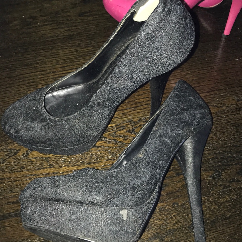 Black brocade five inch platform heel